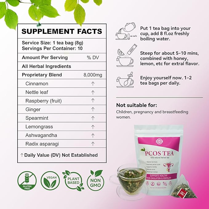 Laicuherb PCOS Fertility Tea for Women, Pack of 2, Women’s PCOS Herbal Tea with Spearmint & Nettle Leaf, Smooth & Mild Flavor