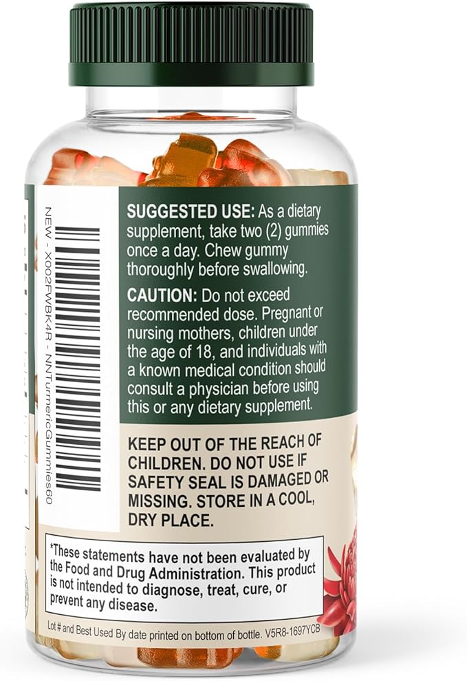 Turmeric Curcumin Supplement Gummies - 95% Curcuminoids with Turmeric & Ginger, Black Pepper for Best Absorption, Nature's Vegan Joint Support, Non-GMO, Gluten Free, Tasty Peach Flavor - 60 Gummies