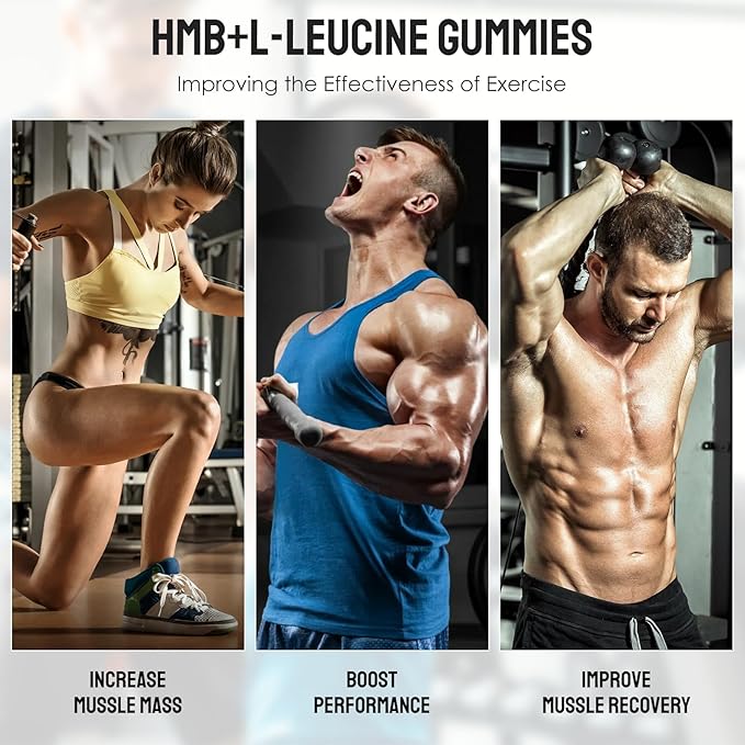 HMB and Leucine Gummies, with 3000mg HMB and L-Leucine Supplement for Muscle Recovery, Muscle Mass & Improve Endurance, for Men & Women, Non GMO, Vegan,Gluten Free, Lemon Flavor, 120 Gummies