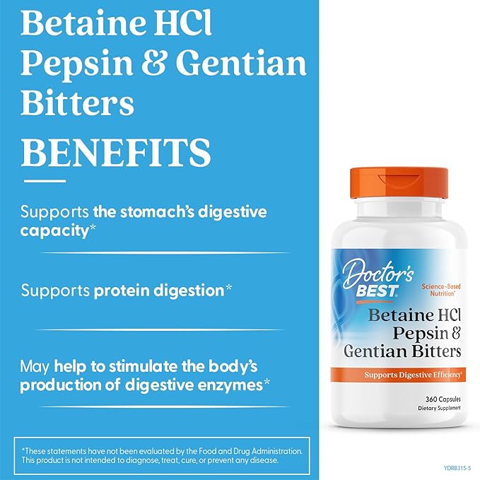 Doctor's BEST Betaine HCI Pepsin & Gentian Bitters,Digestive Enzymes for Protein Breakdown & Absorption,Non-GMO,Gluten Free,360 Count (Pack of 2)