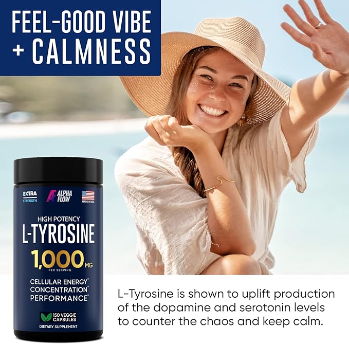 Alpha Flow L Tyrosine 1000MG Capsules - All-Natural L- Tyrosine Supplement for Focus & Energy Boost - Non-GMO & Gluten-Free - Vegan 150 Caps -500mg x 2 per Serving