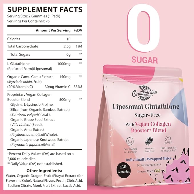 Orinthalixium Liposomal Glutathione Gummies 1000MG - Sugar Free Reduced L-Glutathione with Vitamin C & Vegan Collagen - Antioxidant & Skin Wellness - 300 Count (2 Pack)