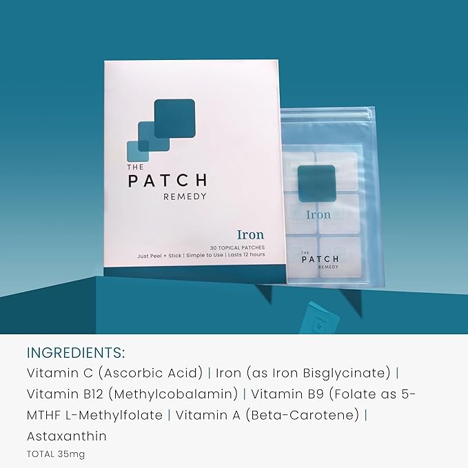 The Patch Remedy Iron Patch | Iron Bisglycinate, Vitamin C, B9 (Methylfolate), B12, Beta-Carotene, Astaxanthin | 30 Patches