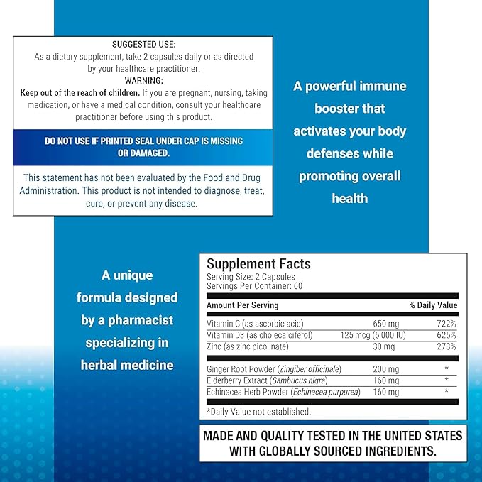 6 in 1 Immune Support 120 Capsules with Powerful Blend of Elderberry, Echinacea, Ginger, Vitamin C 650mg, Vitamin D3 5000 IU & Zinc Picolinate 30mg- Immune Booster Supplement for Adults and Kids