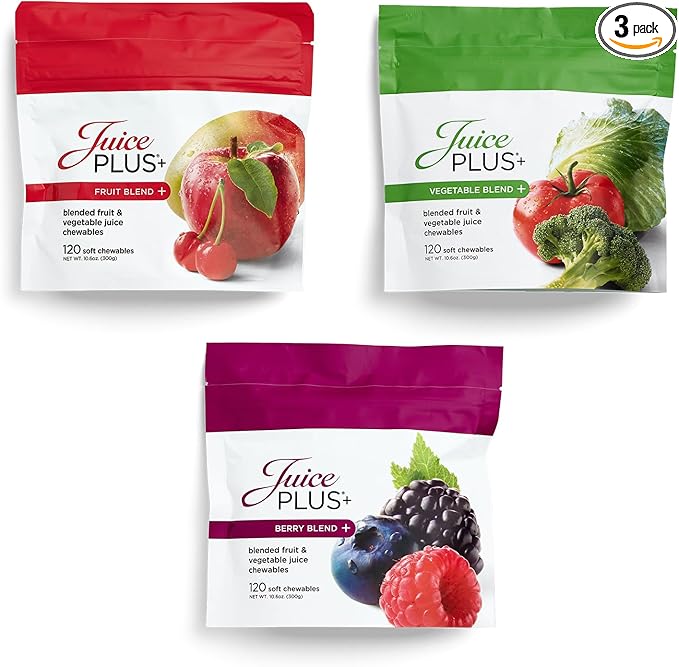 Juice Plus+ Fruit, Vegetable & Berry Blend Soft Chews (Chewables) - 30 Plant-Based Ingredients! Vegan Gummies for Kids & Adults - Gluten-Free, Non-GMO, No HFCS - Prepacked 3 Pouches (30 Chews Each)