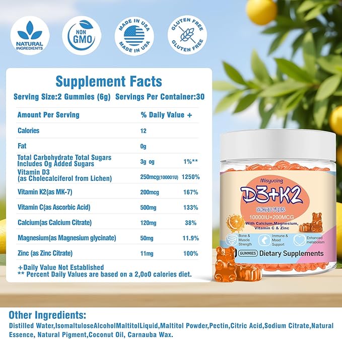 Vitamin D3 K2 Gummies,Vitamin D3 10000 IU with K2 200mcg,VitaminC,Calcium,Magnesium,Zinc,Support for Bones,Joints,Muscles,Nerves,and Immune System (60,Orange,Sugar-Free)
