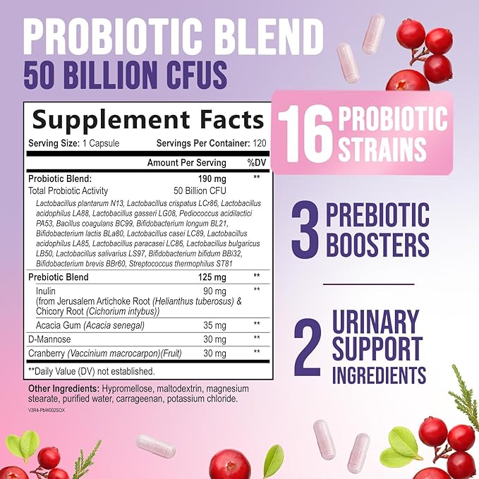 Probiotics for Women - 50 Billion CFU Per Serving - 16 Feminine Health Vag Strains - Prebiotic for Vaginal PH Balance, Urinary UT Health, Women's Probiotic - Shelf Stable - USA Bottled - 120 Capsules