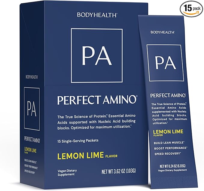 BodyHealth PerfectAmino Powder - BCAA and EAA Powder for Pre and Post Workout - Amino Acid Energy Drink for Men and Women to Support Lean Muscle and Recovery - Lemon Lime - Stick Packs - 15 Servings