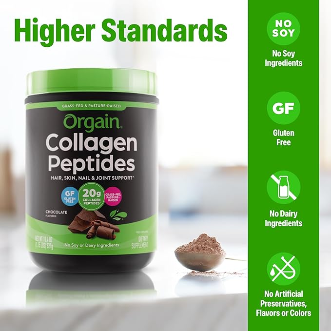 Orgain Hydrolyzed Collagen Peptides Powder For Women & Men, Chocolate, 20g Grass Fed Collagen - Hair, Skin, Nail, & Joint Support Supplement, Paleo & Keto, Non-GMO, Type I and III, 1lb