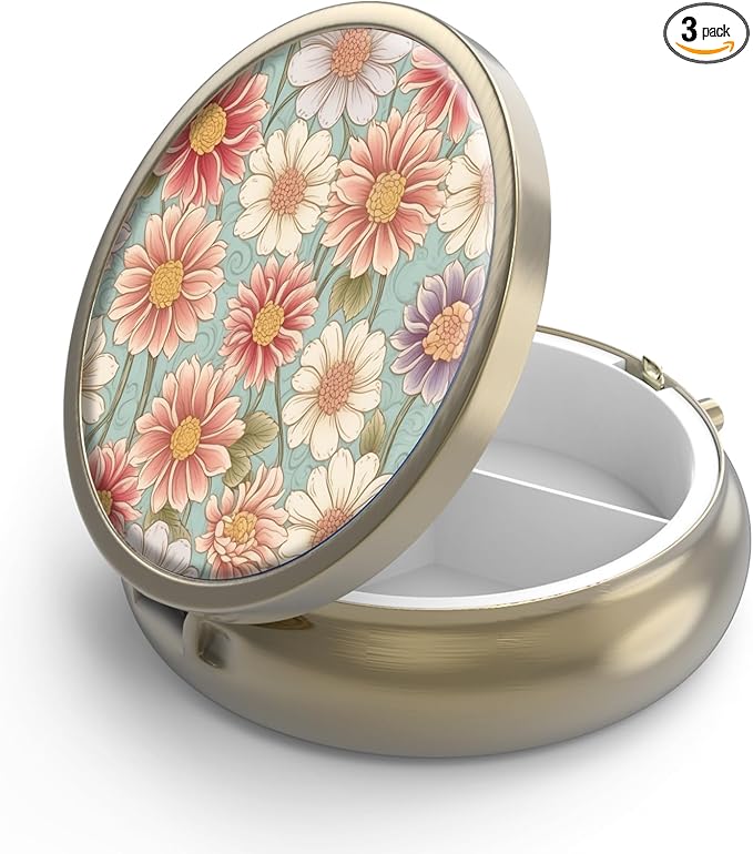 Pill Case Pill Box with Mirror Retro 3 Compartment Small Pill Organizer for Purse or Pocket Bronze Small Roud Pill Box or Vitamins, Fish Oil, Supplements, Pill Containe Travel Gifts（Retro Floral）