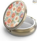Pill Case Pill Box with Mirror Retro 3 Compartment Small Pill Organizer for Purse or Pocket Bronze Small Roud Pill Box or Vitamins, Fish Oil, Supplements, Pill Containe Travel Gifts（Retro Floral）