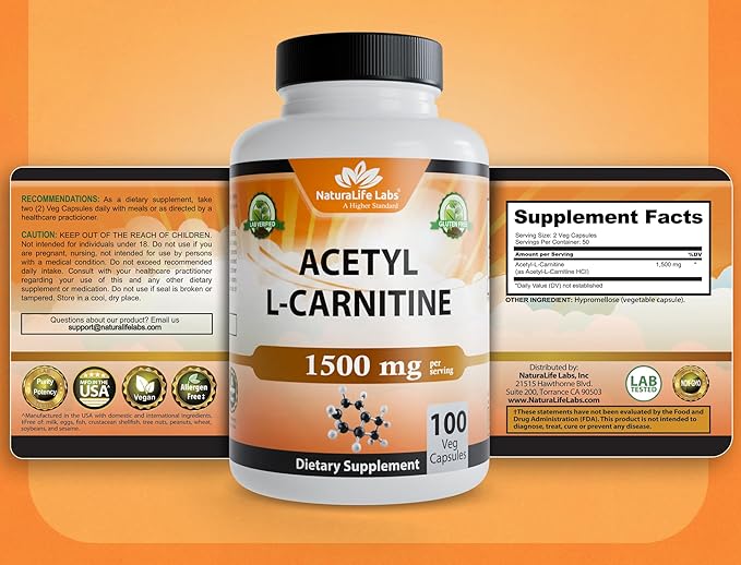 NaturaLife Labs Acetyl L-Carnitine (ALCAR) 1500 mg per Serving – 100 Capsules – Non-GMO, Gluten-Free, Vegan (2 Pack)