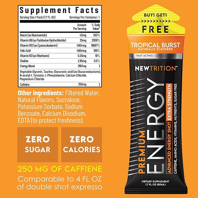 NewTrition® Extra Strength Energy Shots, 1.7 fl oz - 250mg Caffeine with Vitamin B & Amino Acids, Sugar-Free, Zero Calorie Vitamin Energy Drink for Focus & Endurance (Pack of 12, Tropical Burst)