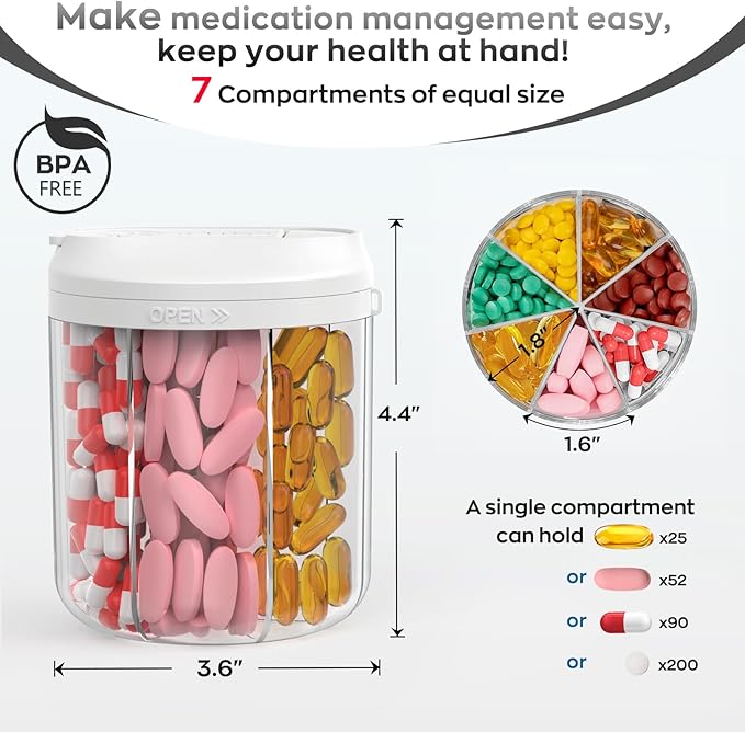 Hionxmga Pill Dispenser with 7 Large Compartments, Pill Organizer for Travel, Supplement Organizer with Anti-Mixing Design, BPA-Free Pill Container with 20 Pcs Labels, Beige