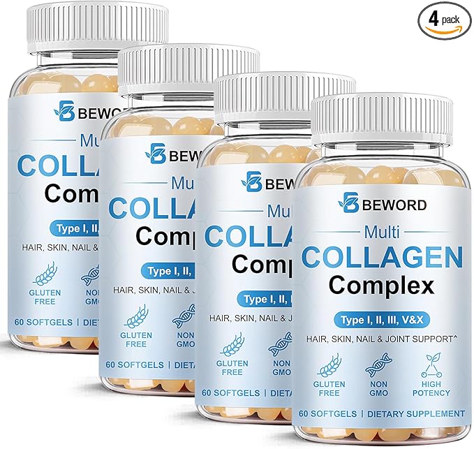 BEWORD Multi Collagen Softgels for Women & Men, 240 Capsules - Type I,II,III,V,X Hydrolyzed Collagen w/Vitamin C & Hyaluronic Acid - Supports Skin, Hair, Nails, Joints - Grass-Fed, Non-GMO,4 Pack