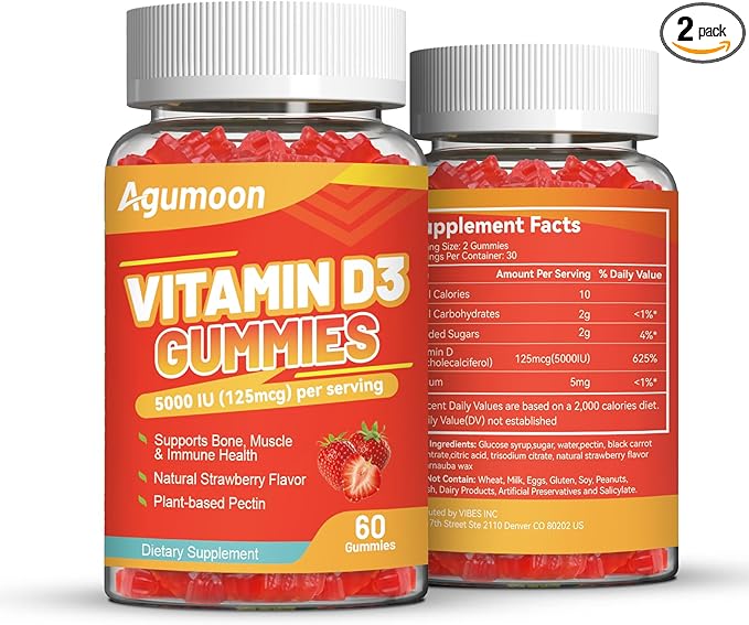 2 Pack Vitamin D3 5000 IU 125mcg Gummies - Vitamin D Gummies for Adults, Support Immune, Bone, Muscle Health - Non-GMO, Gluten-Free, Dairy-Free, No Gelatin, 120 Count, Strawberry Flavor
