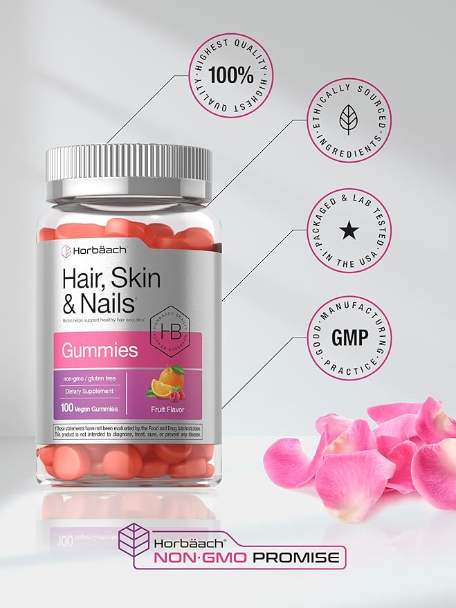 Horbäach Hair Skin and Nails Gummies | 100 Count | Supplement with Biotin for Men and Women | Fruit Flavored Vitamins | Vegan, Non-GMO, and Gluten Free