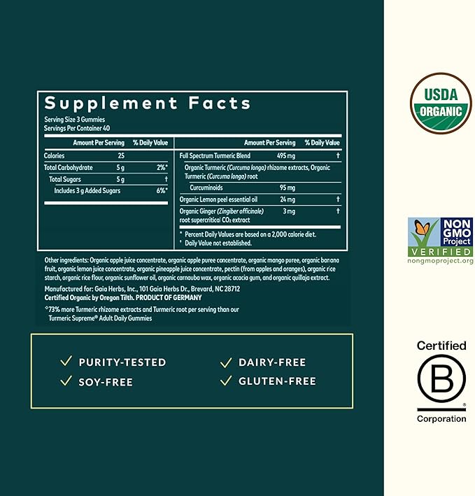 Gaia Herbs Turmeric Supreme Gummies Extra Strength - Supports Healthy Inflammatory Response in Healthy Individuals* - Lemon Ginger Flavor - 120 Vegan Organic Gummies (40 Servings)