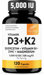 Sandhu's Vitamin D3 K2 Magnesium 5000 IU, 120mcg K2 Capsules 120 Count (Pack of 1) | with VIT B6, Zinc & Quercetin | D3K2 Supports Superior Absorption, Energy, Immune, Muscle Health for Men & Women