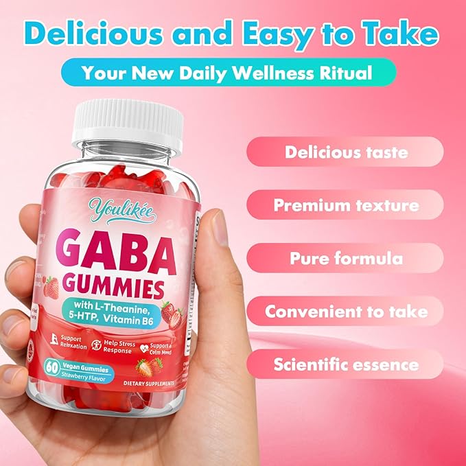 GABA Gummies 500mg with L-Theanine, 5-HTP, Vitamins B6, B12, D3 and Ashwagandha, Melatonin-Free, GABA Supplements for Adult, Sugar-Free, Strawberry Flavor, 60 Count