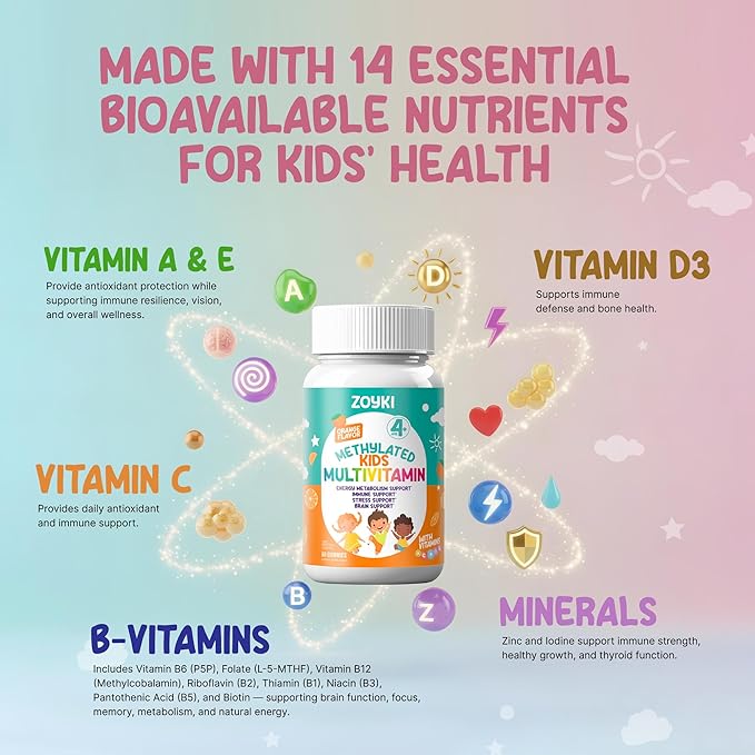 Methylated Multivitamin Gummies for Kids - Children’s MTHFR Support Supplement with B Complex 5-MTHF Folate (L-Methylfolate) B1 B3 B6 B12 Biotin Vitamins A C D3 E - Vegan Gluten-Free Sugar-Free