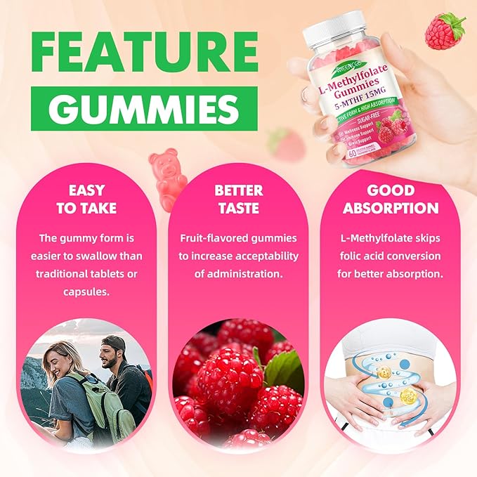 MEENCCD 2 Pack L-Methylfolate 15mg Gummies, Methylfolate Supplement, 5-MTHF Supplement - Active 5-MTHF - Supports Overall Wellness, Vegan, Raspberry Flavor, 120 Count