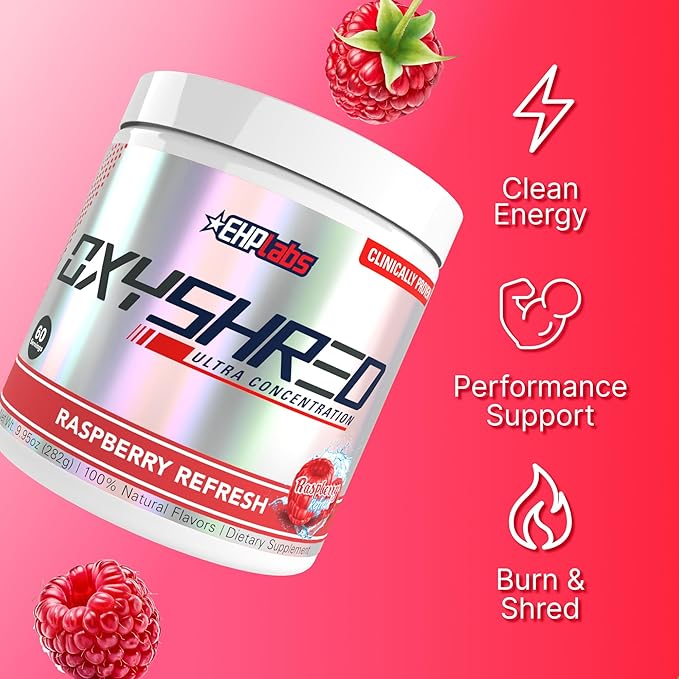 EHP Labs OxyShred Pre Workout Powder - Preworkout Powder with L Glutamine & Acetyl L Carnitine, Energy Boost Drink - Raspberry Refresh, 60 Servings