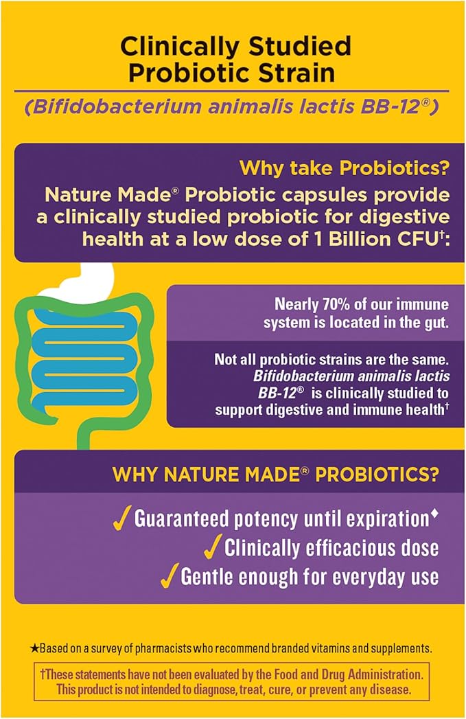 Nature Made Probiotics for Women and Men, Probiotic Capsules 1 Billion CFU from Live Cultures for Immune & Digestive Support, 30 Capsules, 30 Day Supply