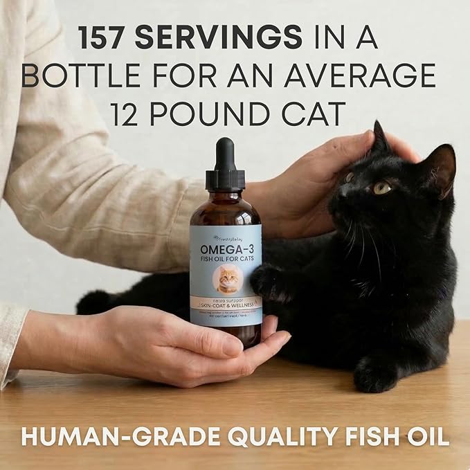 Omega 3 Fish Oil for Cats from Wild Caught Fish - Promotes Healthy Skin, Shiny Coat, & Strong Joints - Minimizes Cat Dandruff - 4 oz Approx. 157 Servings - Human-Grade Clean Ingredients