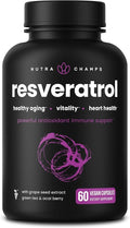 NutraChamps Resveratrol Supplement, Extra Strength Formula for Healthy Aging, Immune Support, 60 Vegan Capsules with Trans-Resveratrol, Green Tea Leaf, Acai Berry & Grape Seed Extract