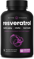 NutraChamps Resveratrol Supplement, Extra Strength Formula for Healthy Aging, Immune Support, 60 Vegan Capsules with Trans-Resveratrol, Green Tea Leaf, Acai Berry & Grape Seed Extract