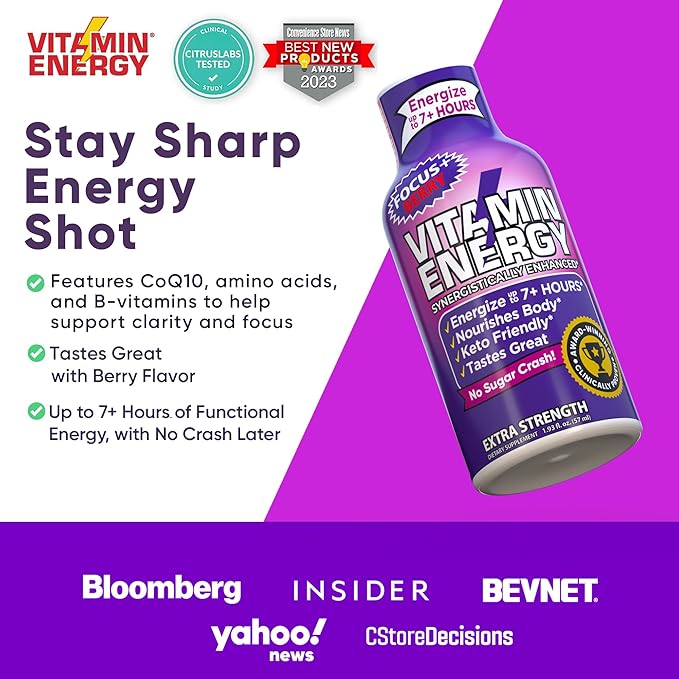 Vitamin Energy Focus+ Extra Strength Energy Shot Berry 48 Pack, 260mg Natural Caffeine, B-Vitamins, CoQ10, Amino Acids, Focus, Productivity & Clarity, Zero Sugar, Gluten-Free, 1.93 fl oz