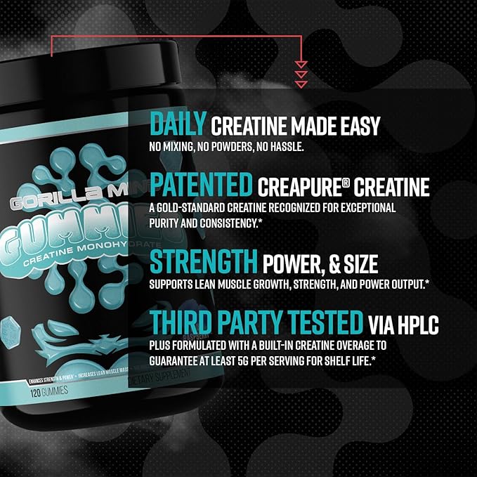 Gorilla Mind Creatine Gummies - Third-Party HPLC Tested | 5g Creapure® Creatine Monohydrate | Verified Potency & Purity | Strength · Power · Lean Muscle | No Added Sugar | Blue Raspberry Flavor