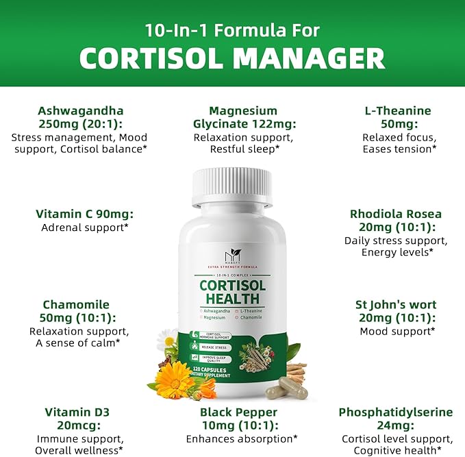 Cortisol Supplements for Women/Men - 10 in 1 Cortisol Manager Reducer Lower Detox Balance with Magnesium, Ashwagandha, L-Theanine for Stress Sleep Calm Mood Support - 120 Capsules for 60 Days