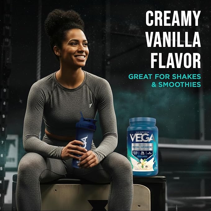 Vega Premium Protein + Supergreens - 20g Protein, Creamy Vanilla, 25 Servings, Spinach,Kale, Alfalfa Grass, Broccoli, 0g Added Sugar, Non-GMO, Gluten Free, Dairy Free, 1.68 lbs (Packaging May Vary)