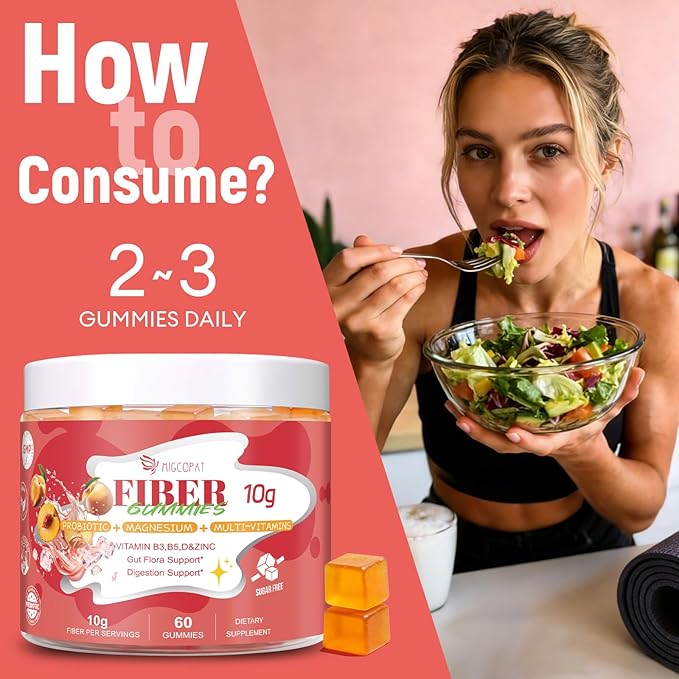 Migcopat 10G Fiber Gummies for Adults with Vitamins C, D, B3, B5 - Digestive & Gut Health Gummies with 30 Billion CFU Probiotics Blend, Inulin, ACV, Magnesium, Zinc, Support Digestive Health, 60 Cts