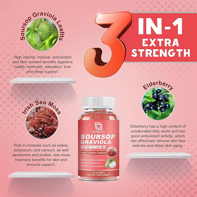 GONGOTA (2 Pack Soursop Graviola Gummies - 2200mg Extra Soursop Leaves Extract,Elderberry & Sea Moss, for Digestive, Immune, Antioxidant & Relaxation - Gluten Free, Vegan, 120 Gummies