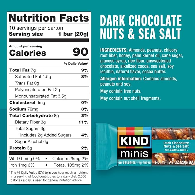 KIND Mini Snack Bars Variety Pack, Gluten Free, Low Sugar, Low Calorie Snacks, Dark Chocolate Nuts & Sea Salt, Caramel Almond & Sea Salt, 20 Count