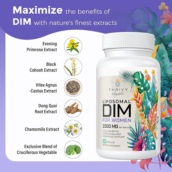 Liposomal DIM 400 mg - Hormone Balance, Estrogen Support for Women, DIM Supplement with Vitamin E, Evening Primrose, Black Cohosh, Omega-3 Fatty Acids (60 Capsules)
