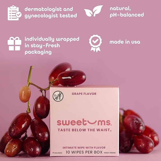 Sweetums Feminine Wipes For Women, Individually Wrapped - pH Balanced Flavored Intimate Wipes - Grape, Pack of 10