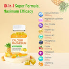 Calcium Magnesium Zinc Gummies with Vitamin D3 and K2, High Absorption Magnesium Glycinate Potassium for Immune and Calm Mood, Vegan Mango and Pineapple Flavor 60 Gummies