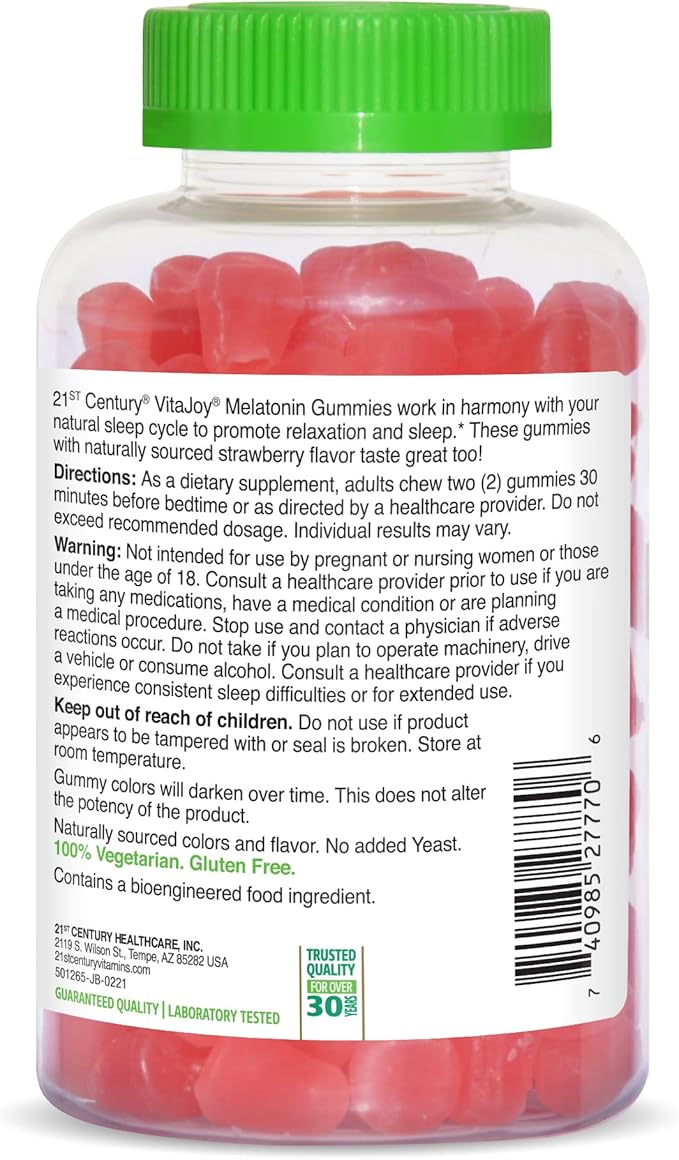 21st Century VitaJoy Melatonin 5mg Gummies (120 Count), Strawberry Flavor Chewable Sleep Aid for Adults, Promotes Relaxation and Restful Sleep, Non-Habit Forming, Gluten-Free