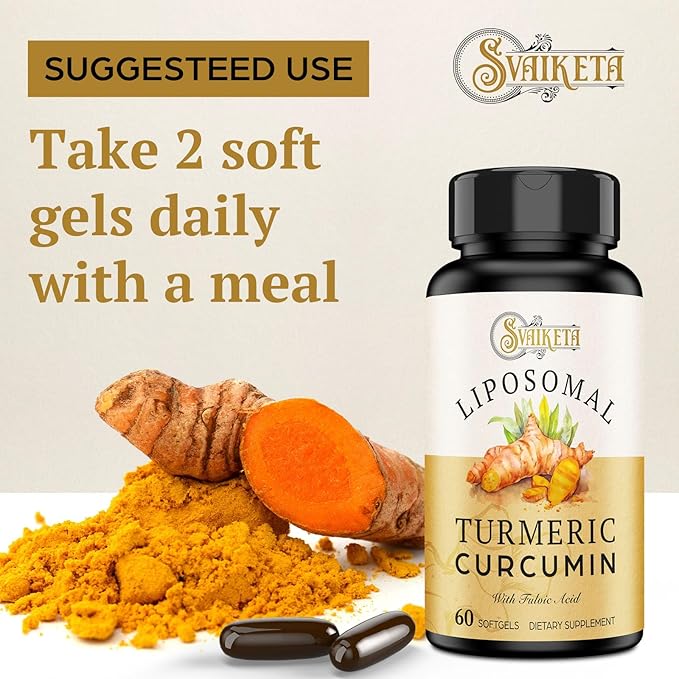 Liposomal Turmeric Curcumin Supplement 2000mg, 95% Standardized Curcuminoid Extract & Organic Root Powder with Piperine Black Pepper Fruit (15mg), 60 softgels