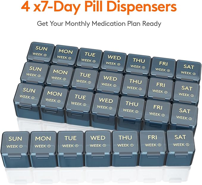 Lifewit Monthly Pill Organizer, 28 Day Pill Box, 4 Weeks One Month Vitamin Cases, Large Compartments Medicine Organizer for Fish Oils, Supplements, 28 Grids, Blue