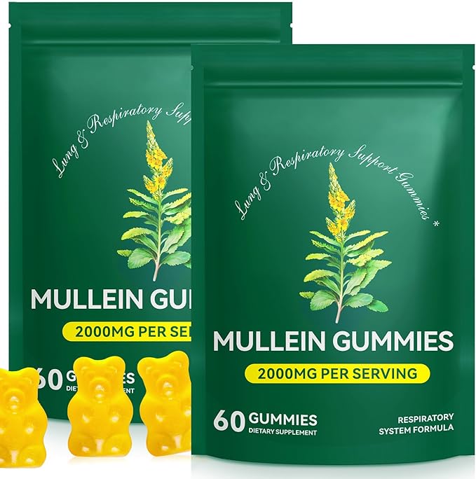 2 Pack Mullein Gummies for Lungs, 2000mg Mullein Leaf Extract for Respiratory & Digestive & Immune Support, Natural Herbal Supplement, Pear Flavor Gummies 60 Gummies