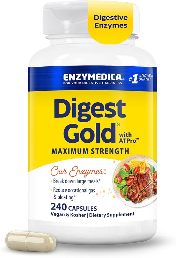 Enzymedica Digest Gold + ATPro, Maximum Strength Enzyme Formula, Prevents Bloating and Gas, 14 Key Enzymes Including Amylase, Protease, Lipase and Lactase, 240 Capsules