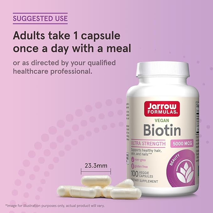 Jarrow Formulas® Biotin Ultra Strength 5000 mcg, Dietary Supplement, Hair, Skin, and Nails Support, 100 Veggie Capsules, Up to 100 Day Supply