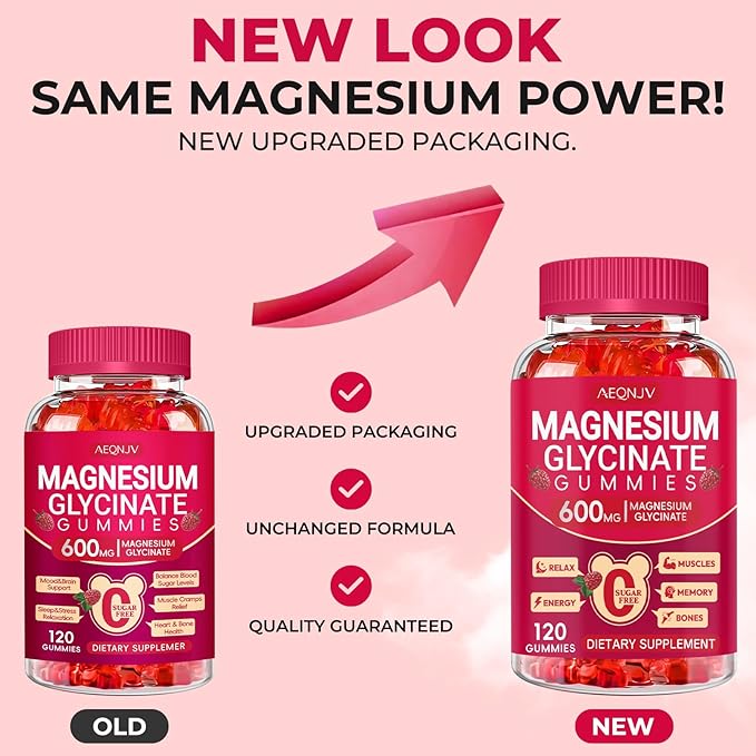 Magnesium Glycinate Gummies 600mg, Sugar Free Magnesium Gummies for Adults, Chewable Potassium Supplements for Sleep, Body Support and Relaxation, 2 Pack