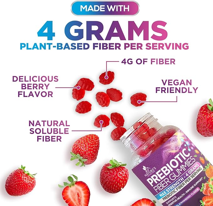 Fiber Gummies For Adults - Daily 3X Strength Soulable Fiber 4g Per Serving Gummy Supplement, Prebiotic Gummy Digestive Health Support - Plant Based Fiber Regularity & Digestion Support - 60 Gummies