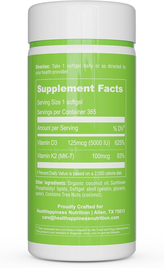 UpNourish Liposomal D3 K2 MK-7 – 365 Mini softgels with Organic Coconut Oil - 5000 IU 125 mcg Vitamin D3 and 100 mcg Vitamin k2 for Optimal Bone and Immune Health